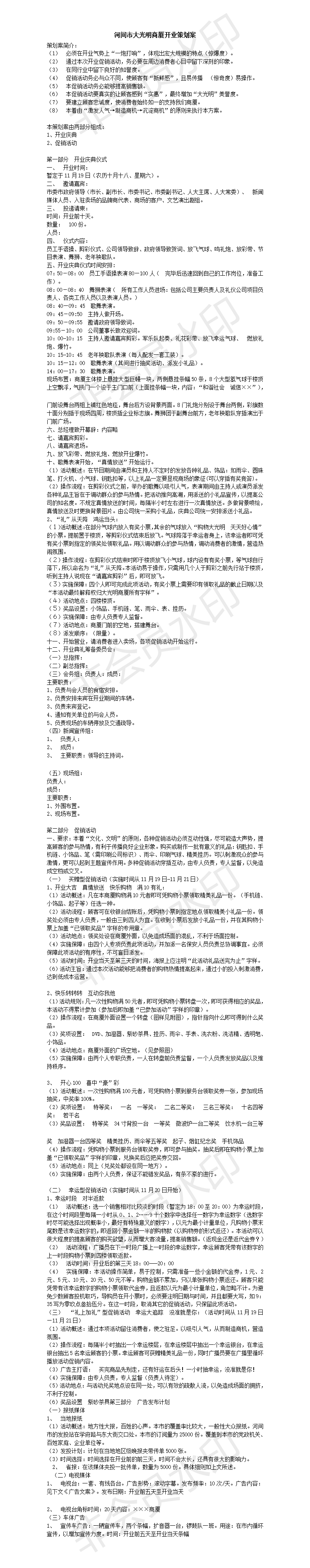 河间市大光明商厦开业策划案-项目计划书