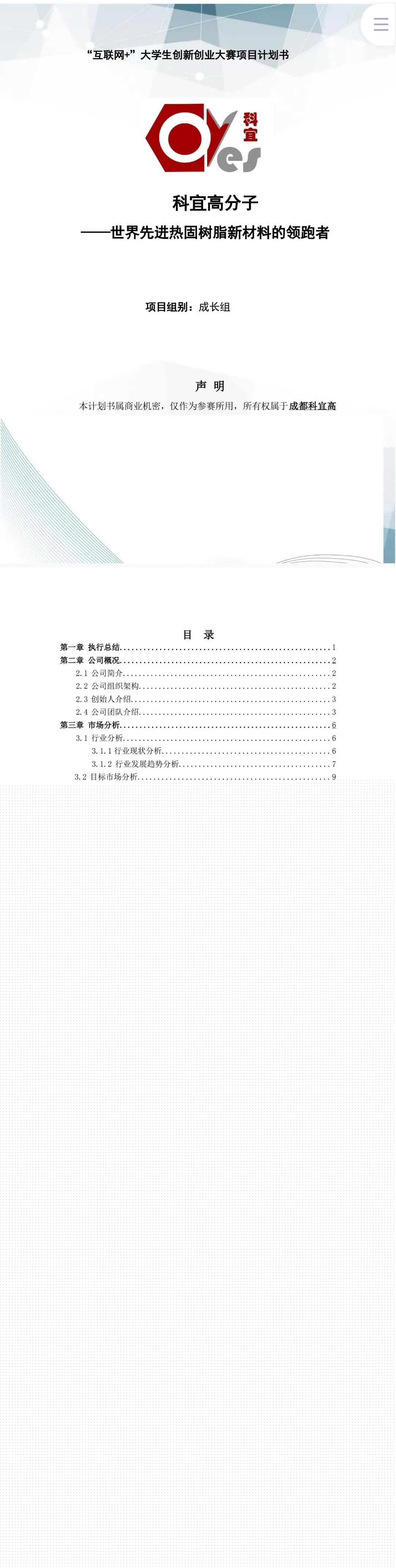 世界先进热固树脂的领跑者-项目计划书