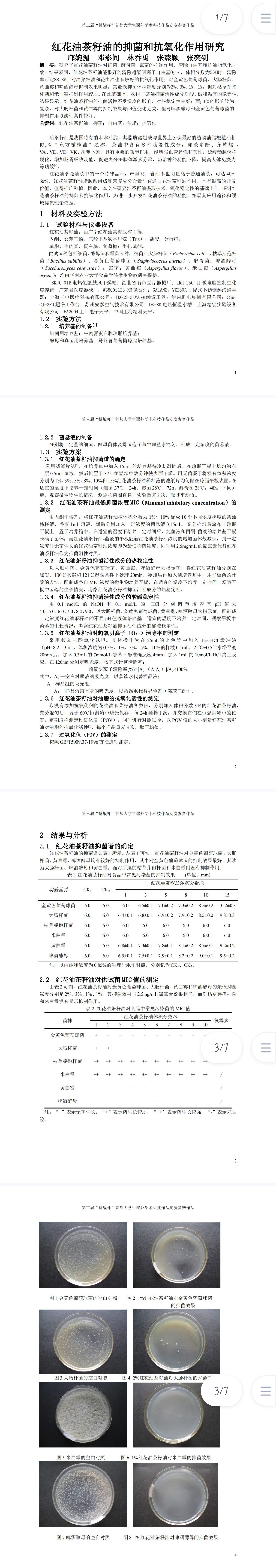 红花油茶籽油的抑菌和抗氧化作用研究