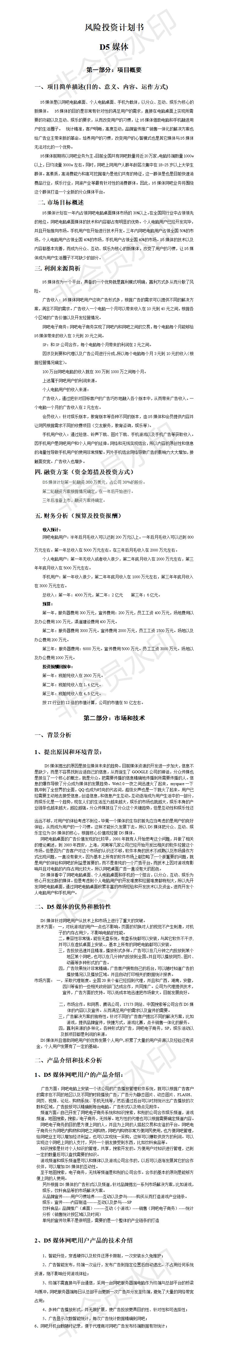 风险投资 D5媒体-项目计划书