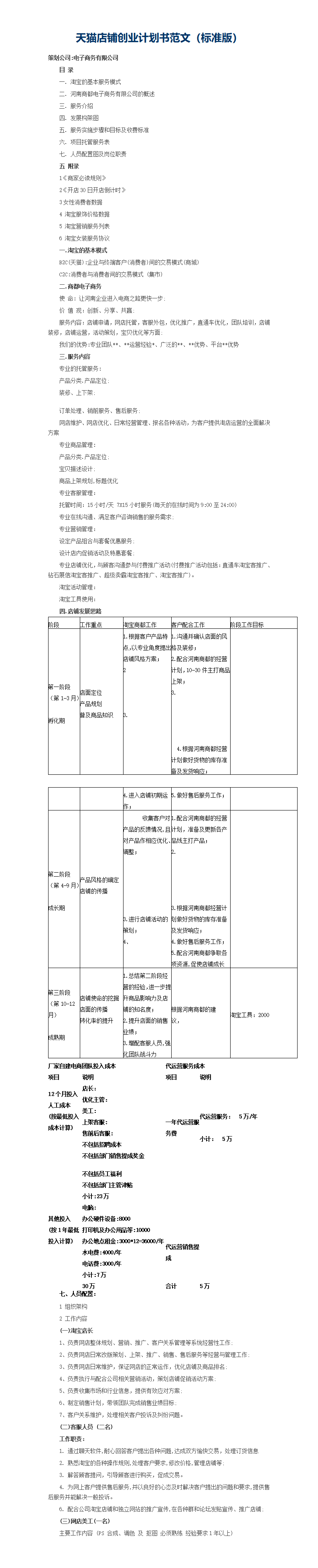 天猫店铺创业计划书范文(标准版)