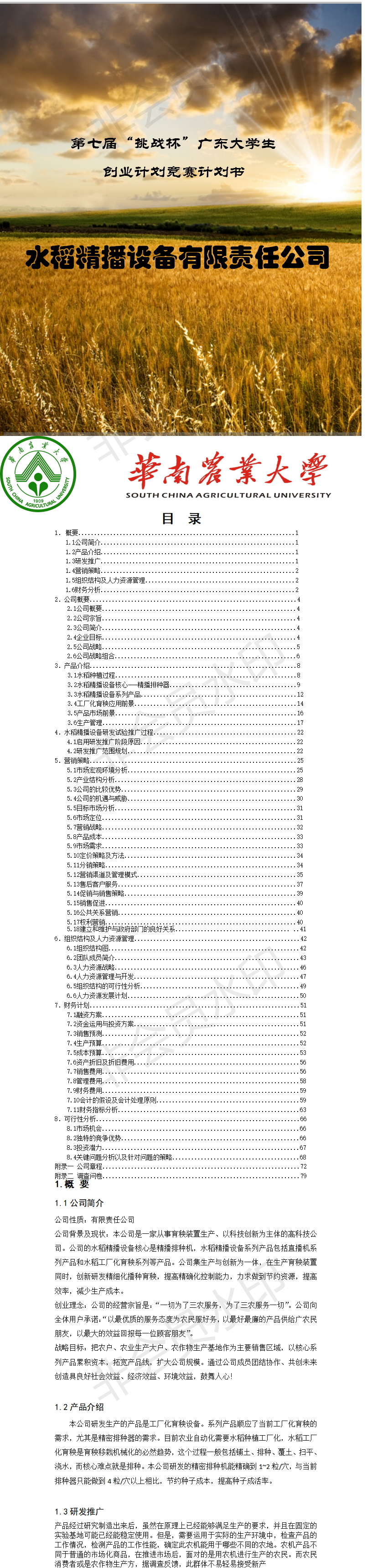 水稻精播设备有限责任公司-项目计划书