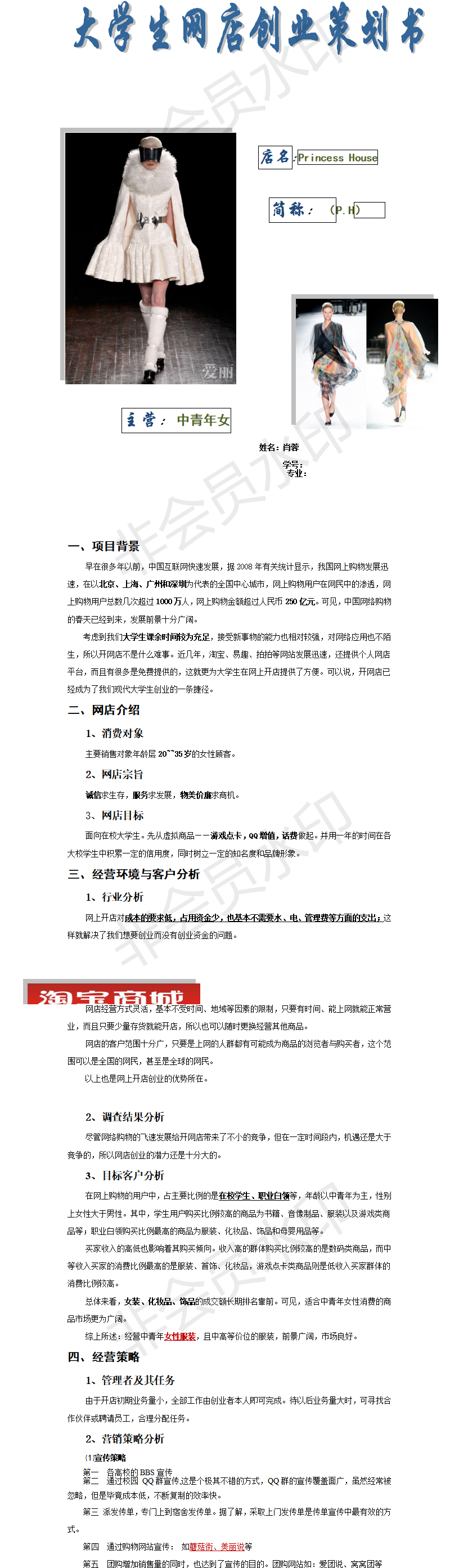 大学生淘宝网店-项目计划书
