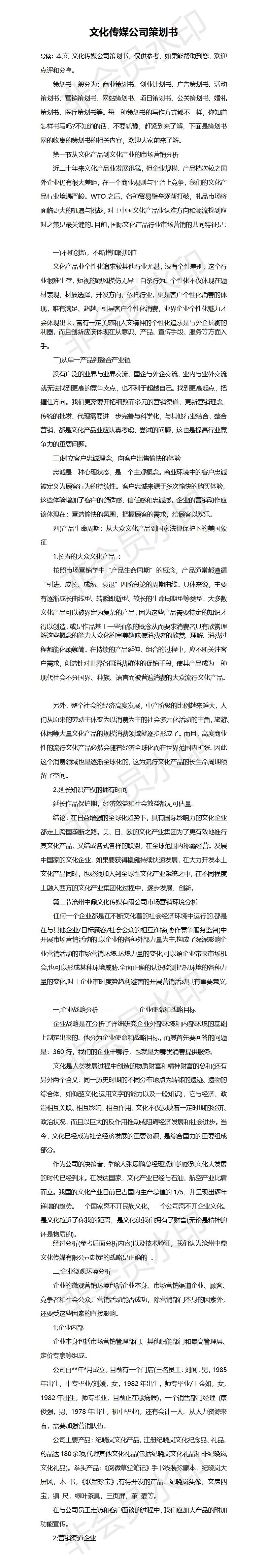文化传媒公司-项目计划书