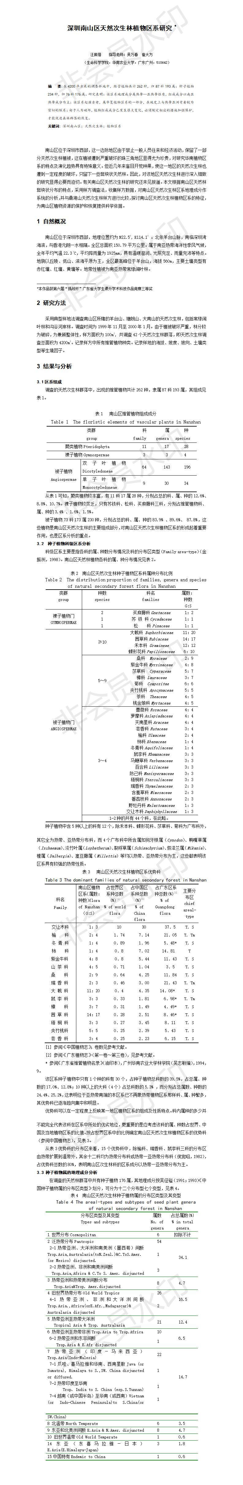 深圳南山区天然次生林植物区系研究-项目计划书