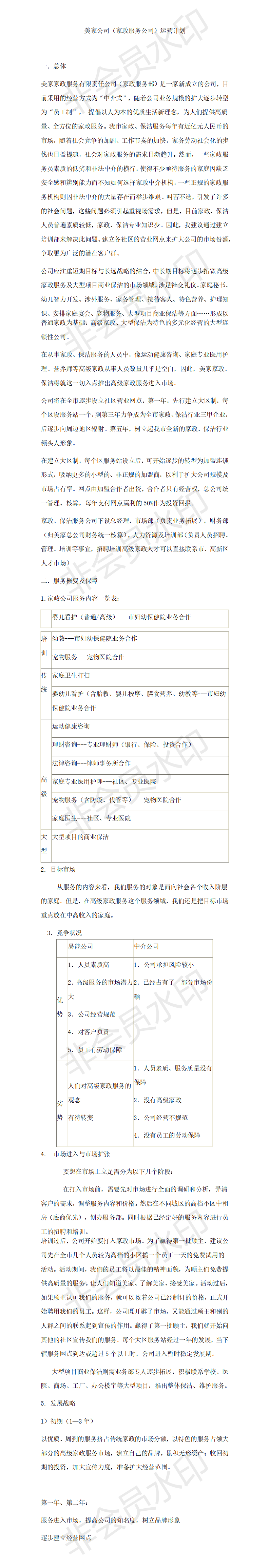 家政公司运营计划书-项目计划书