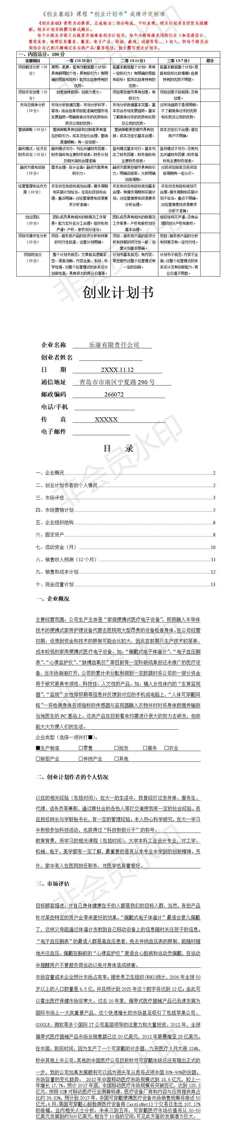 便携式医疗设备-创业计划书评分标准及计划书模板