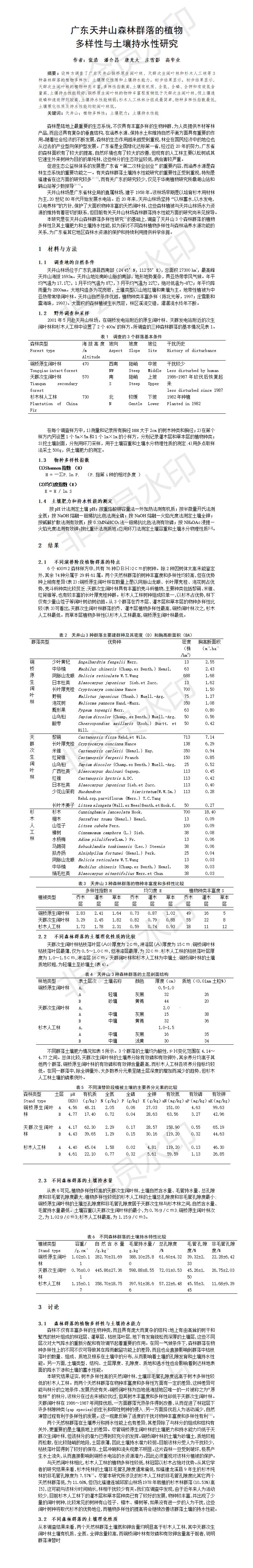 广东天井山森林群落的植物 多样性与土壤持水性研究-论文