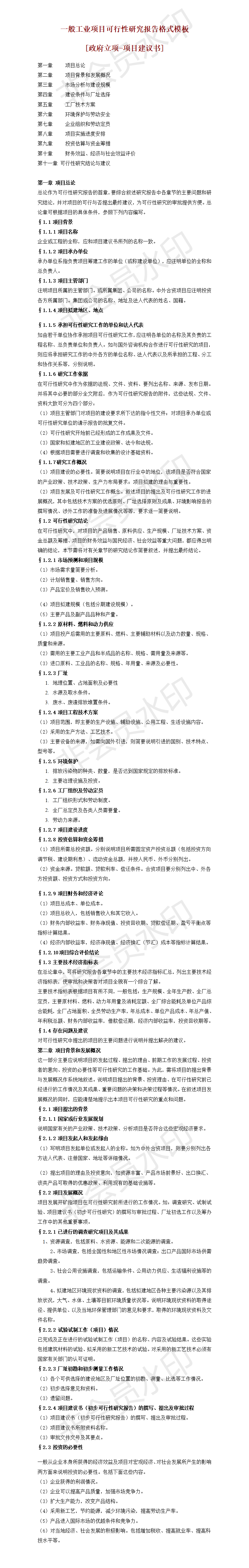 一般工业项目可行性研究报告格式模板-项目计划书