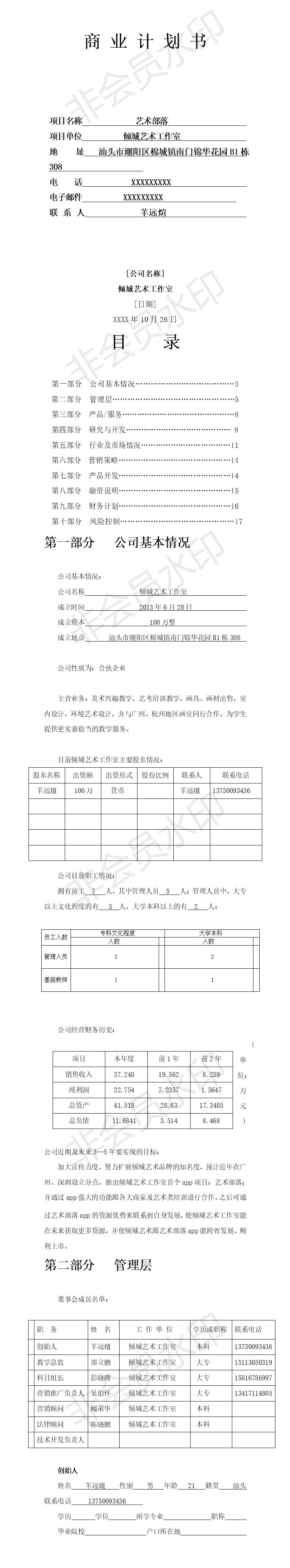 倾城艺术工作室-商业计划书