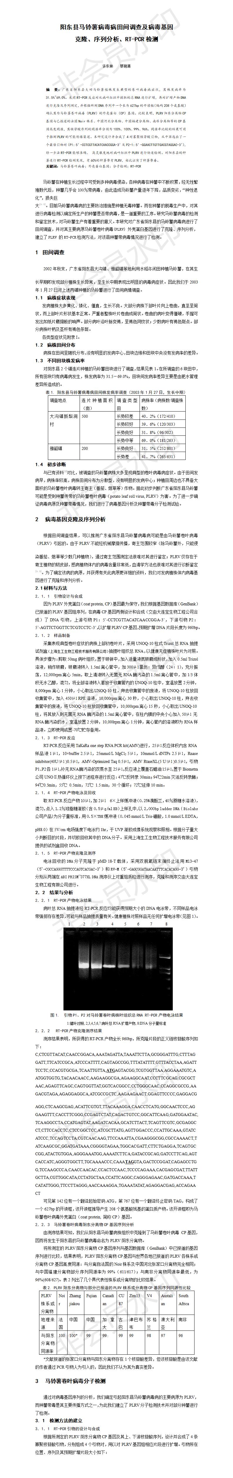 阳东县马铃薯病毒病田间调查及病毒基因 克隆、序列分析、RT-PCR检测-论文