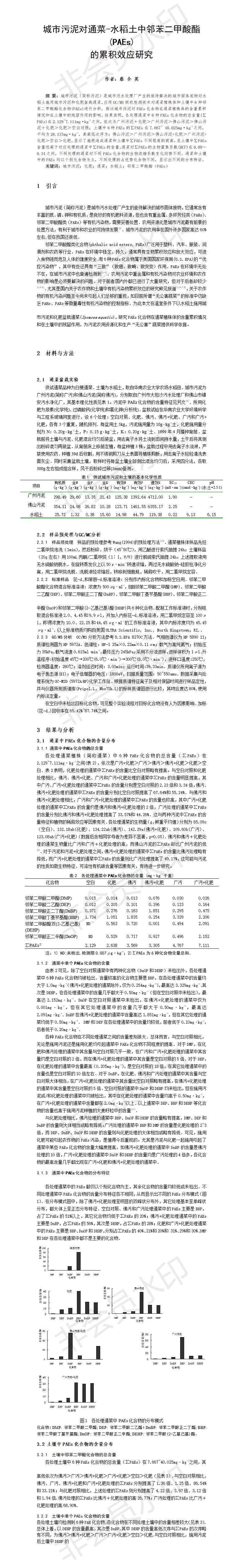 城市污泥对通菜-水稻土中邻苯二甲酸酯(PAEs) 的累积效应研究-论文