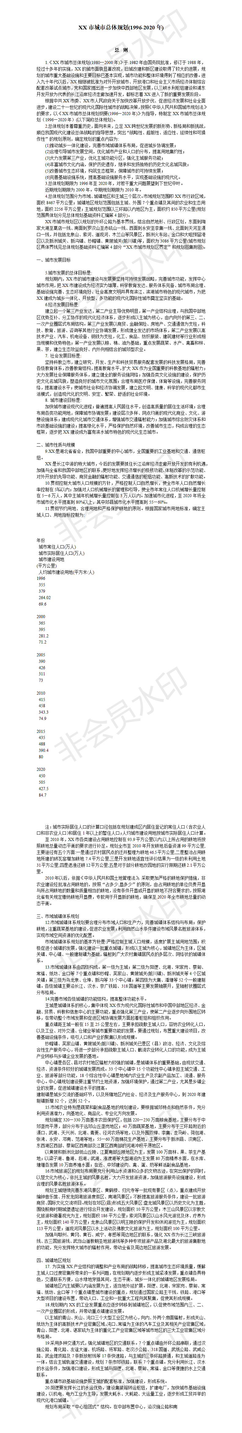 XX市城市总体规划(1996-2020年)-项目计划书