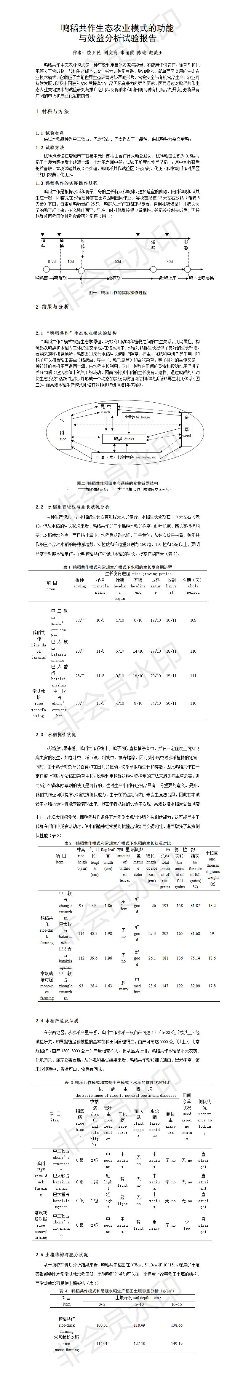 鸭稻共作生态农业模式的功能 与效益分析试验报告-论文