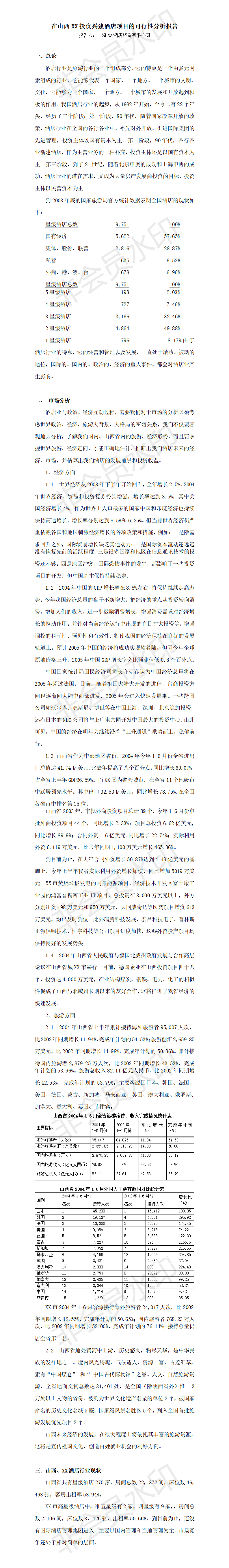 在山西XX投资兴建酒店项目的可行性分析报告-项目计划书